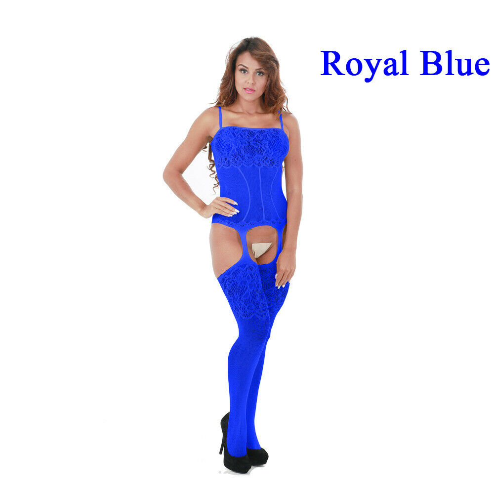 Blue Fishnet Bodystocking Lingerie with Adjustable Bra Straps