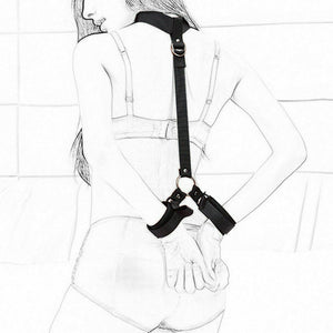 Black Bondage Neck Collar and Wrist Cuff Restraint with Silver Rings
