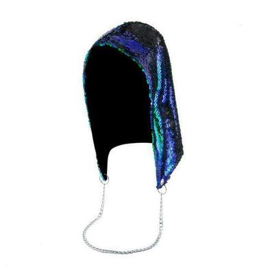 Mermaid Green to Black Flip Sequin Shimmer Bling Hood with Silver Chain