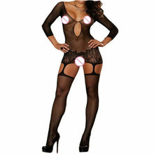 Load image into Gallery viewer, Black Sexy Keyhole Long Sleeve Floral Bodystocking Lingerie
