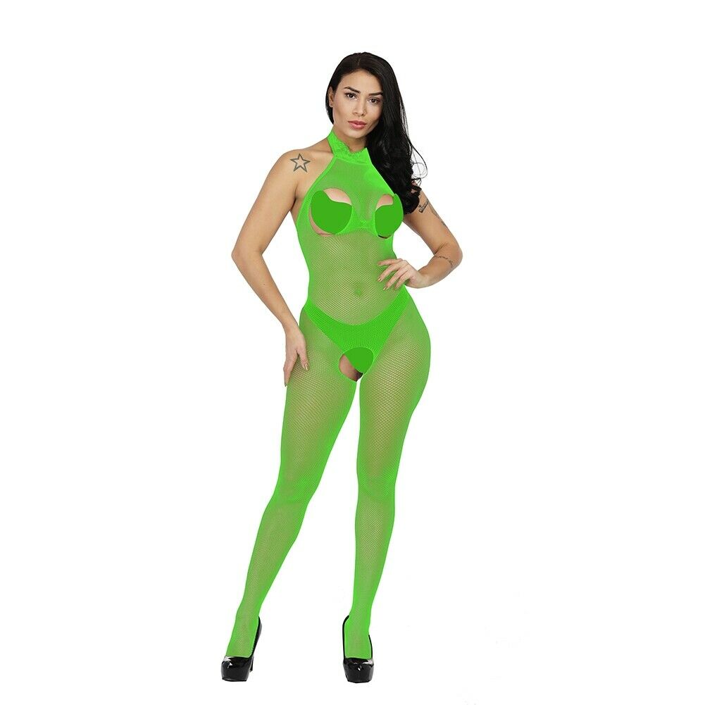 Neon Green Fishnet Open Cup Bodystocking Lingerie