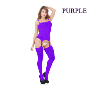 Purple Floral Bodystocking Lingerie with Adjustable Bra Straps