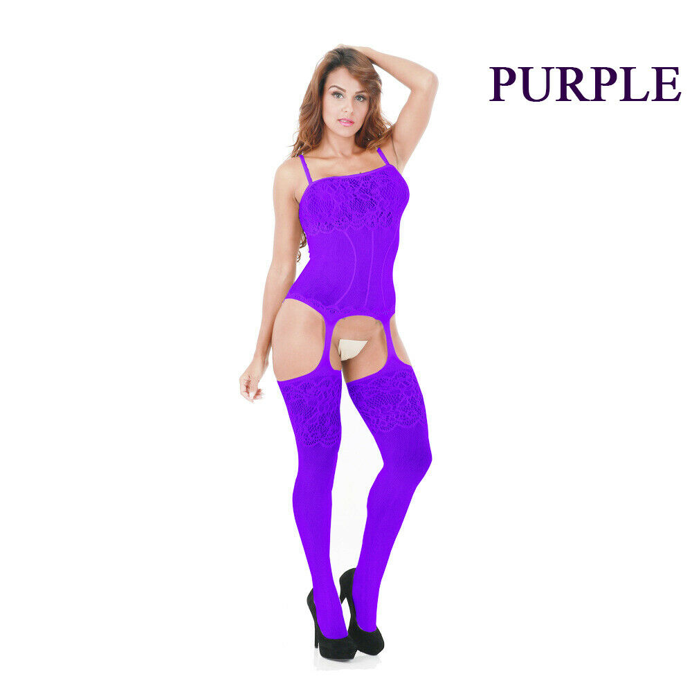 Purple Floral Bodystocking Lingerie with Adjustable Bra Straps