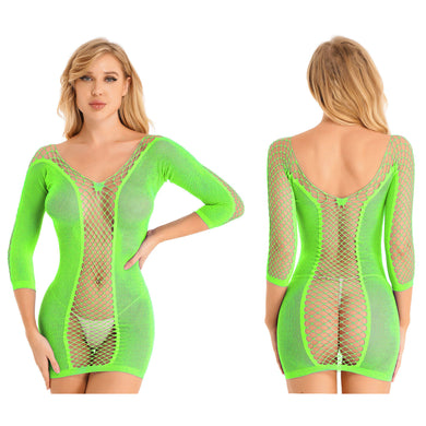 Neon Green UV Glow Sexy Long Sleeve Fishnet Dress