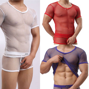 White Sexy Mesh V-Neck Muscle T-Shirt
