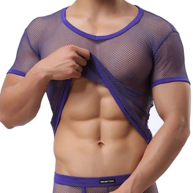 Purple Sexy Mesh V-Neck Muscle T-Shirt