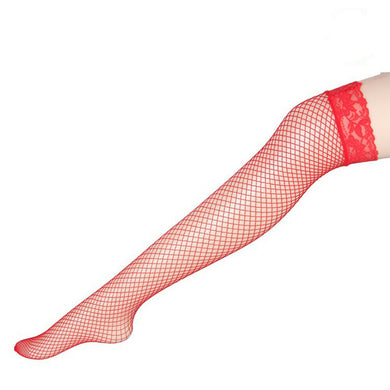 Red Fishnet Thigh High with Lace Top