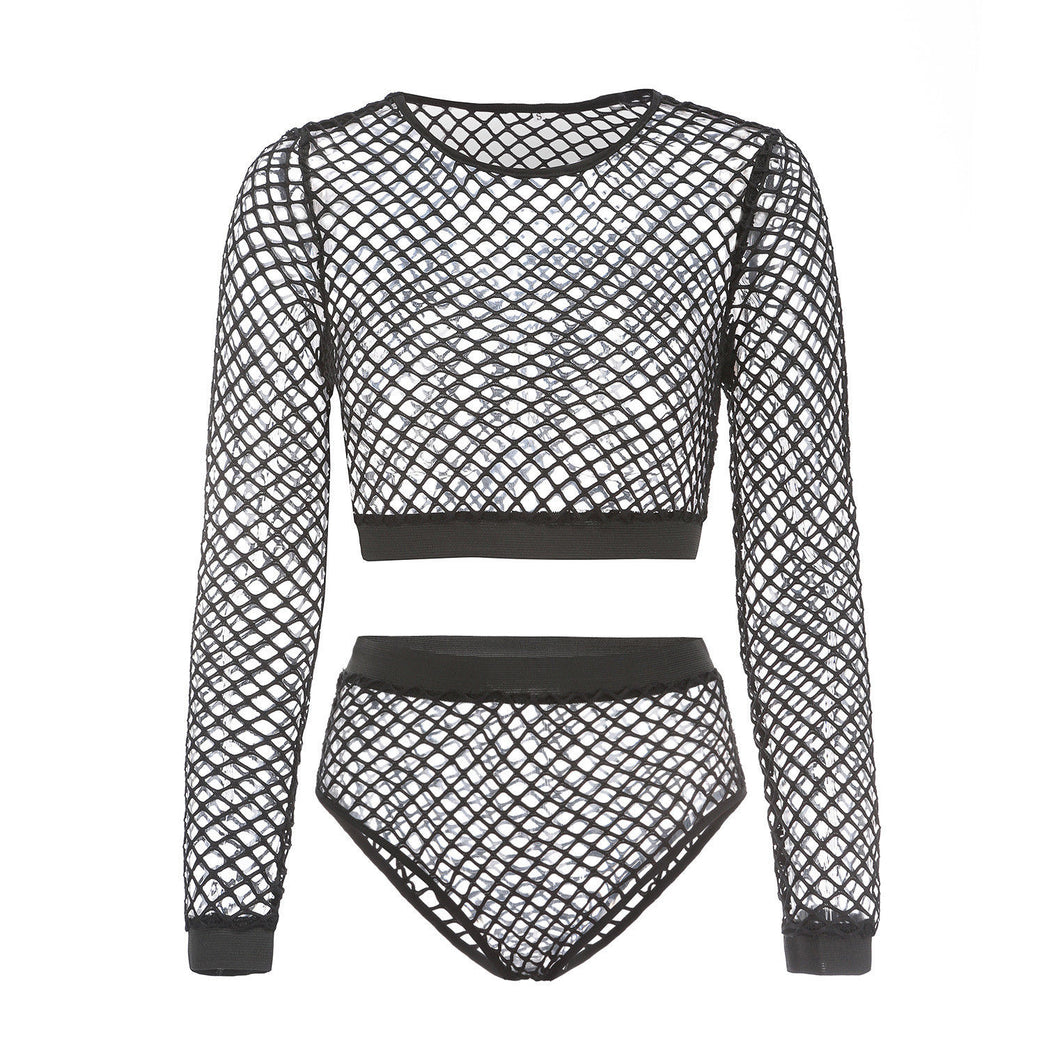 Black Long Sleeve Fishnet Lingerie Set