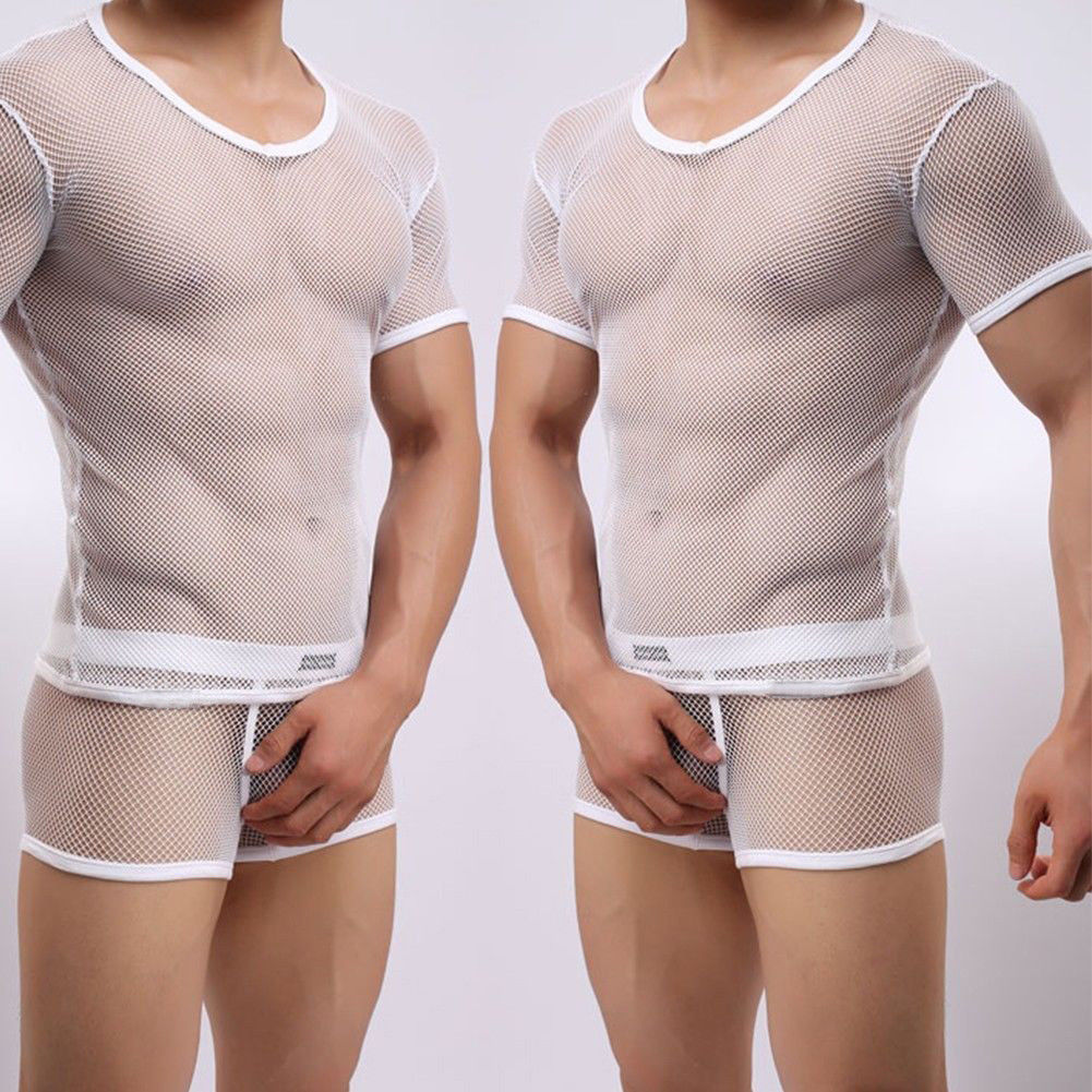White Sexy Mesh V-Neck Muscle T-Shirt