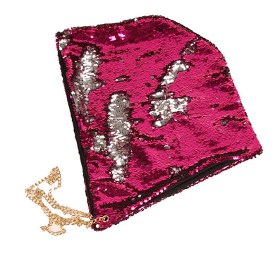 Hot Pink to Silver Flip Sequin Shimmer Bling Hood with Gold Chain