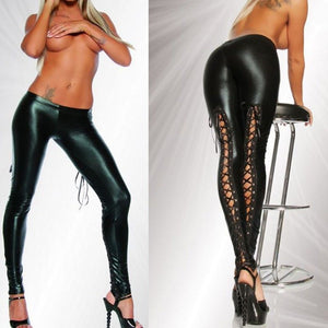 Black Sexy Wet Look Leather Metallic Lace Up Pants