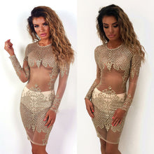 Load image into Gallery viewer, Gold and Glitter Sheer Long Sleeve Cocktail Dress