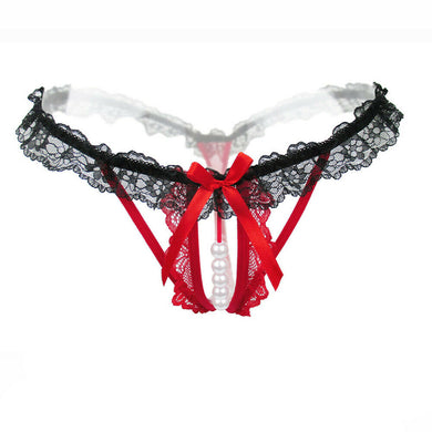 Black and Red Pearl Lace Thong