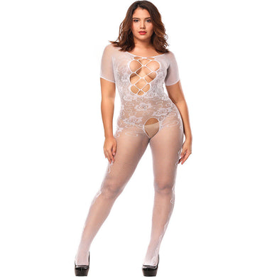 White Floral Half Sleeves Bodystocking Lingerie