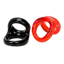 Load image into Gallery viewer, Red Stretchy Double Cock Ring and Ball Strap