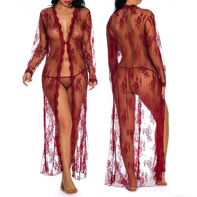 Burgundy See-Through Floral Lace Robe
