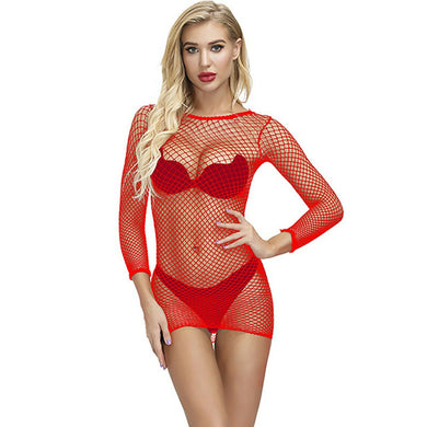 Red Long Sleeve Fishnet Dress