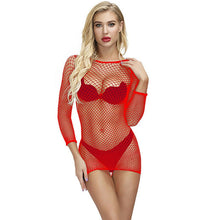 Load image into Gallery viewer, Red Long Sleeve Fishnet Dress