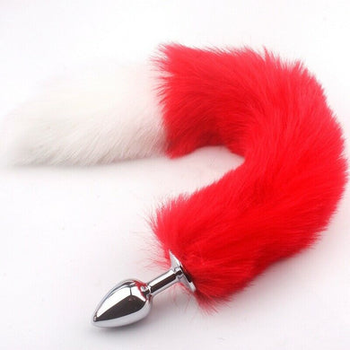 Red and White Faux Fox Tail Butt Plug