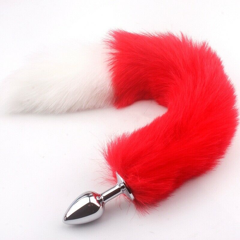 Red and White Faux Fox Tail Butt Plug