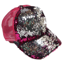 Load image into Gallery viewer, Hot Pink to Silver Flip Sequin Baseball Hat with Adjustable Snapback