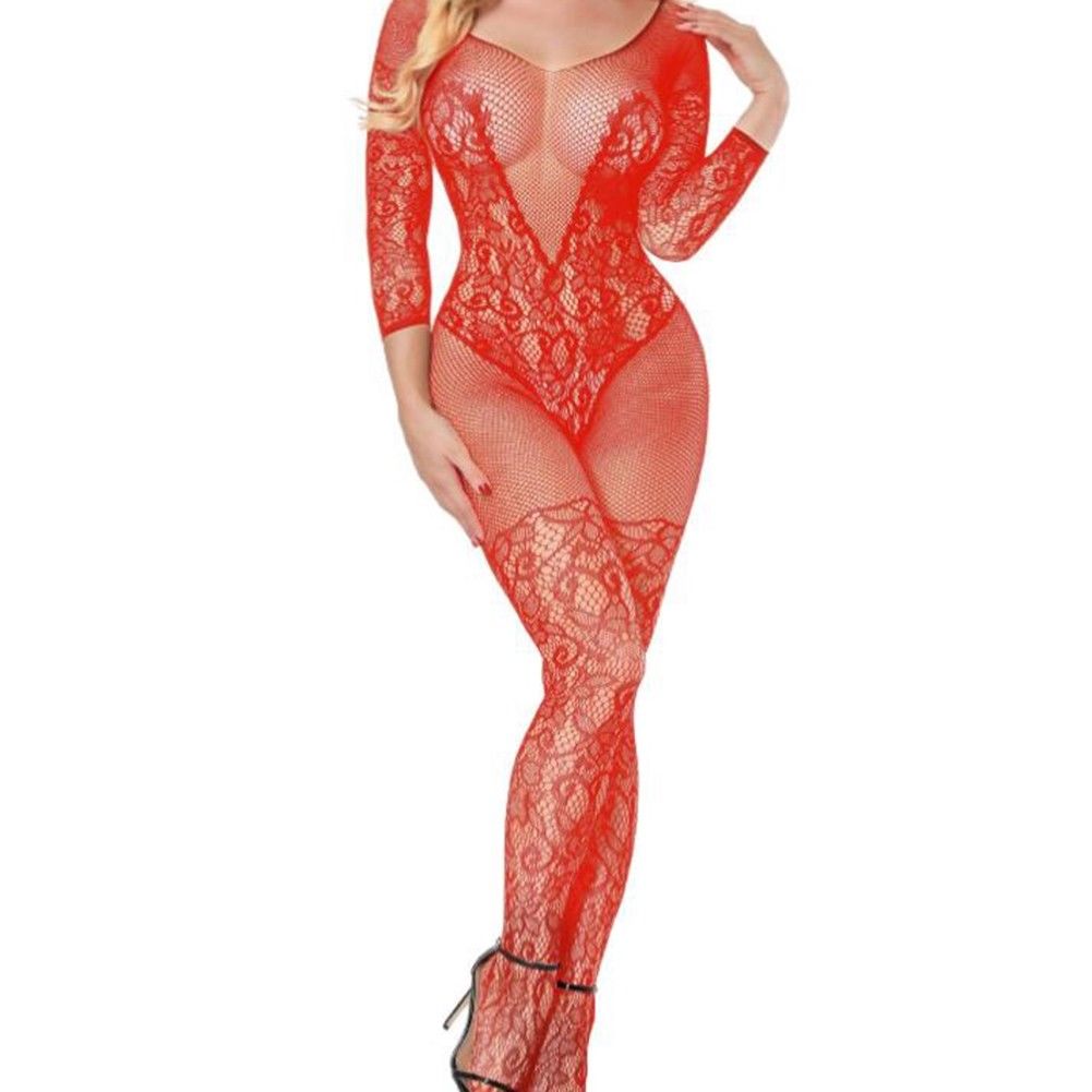 Red Exotic Floral Long Sleeve Bodystocking Lingerie