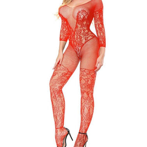 Red Exotic Floral Long Sleeve Bodystocking Lingerie