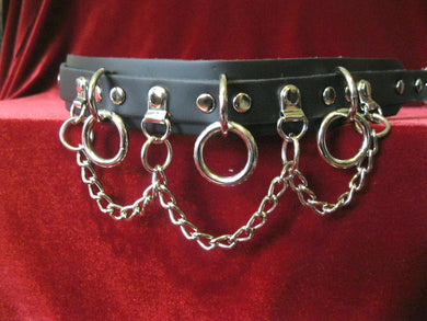 Black Leather Bondage Collar with 3 Rings