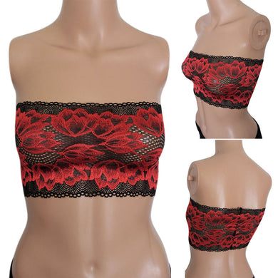 Red and Black Lace Floral Tube Top