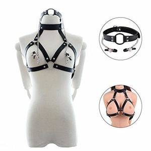 Black Bondage Adjustable Nipple Clamps Harness with Gag Restraint Kit