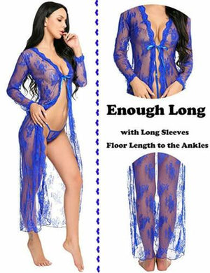 Blue See-Through Floral Lace Robe