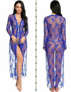 Blue See-Through Floral Lace Robe
