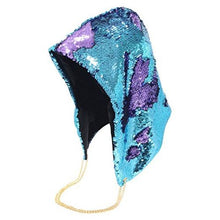 Load image into Gallery viewer, Sea Blue to Purple Flip Sequin Shimmer Bling Hood with Gold Chain