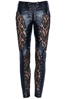 Black Sexy Floral Lace Embellished Dual-tone Wet Look Leather Pants